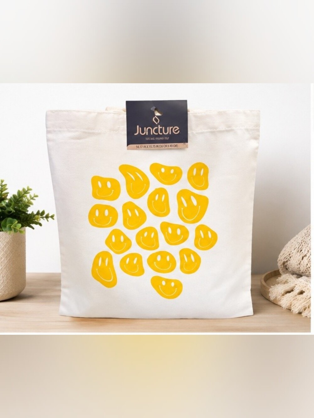 NWT Juncture Yellow Smiley Face Canvas Tote Bag